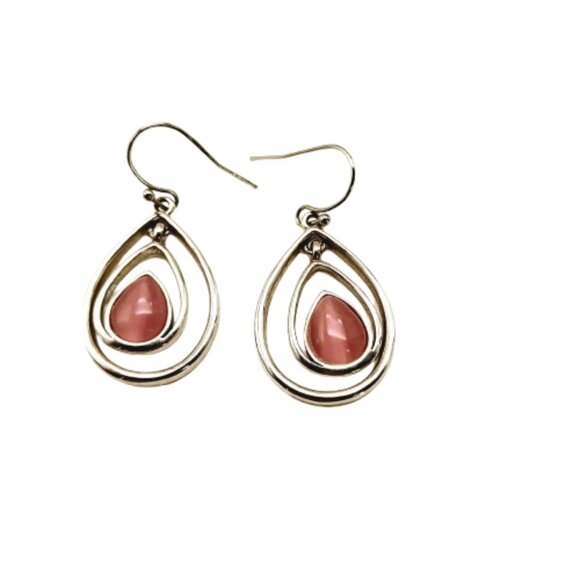 Lia Sophia Teardrop Dangle Earrings Pink Rose Glass Stone Silvertone Double Hoop - Picture 3 of 11